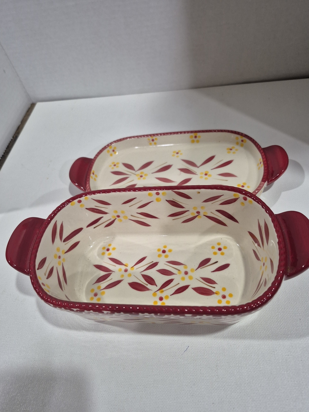Temp-Tations Cream and Red Floral Ceramic Baking Dishes with Handles